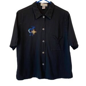 Color Me Cotton Black Women's L Button Down Shirt embroidered Kokopelli figure